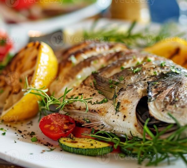 a-beautifully-arranged-plate-of-fresh-grilled-fish-caught-sustainably-and-served-with-locally-grown-vegetables-photo a-beautifully-arranged-plate-of-fresh-grilled-fish-caught-sustainably-and-served-with-locally-grown-vegetables-photo